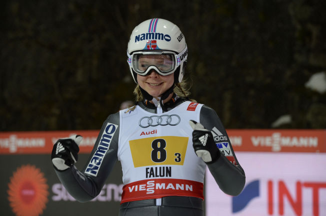 OPPTUR: Maren Lundby exults after a good jump in Falun tonight.